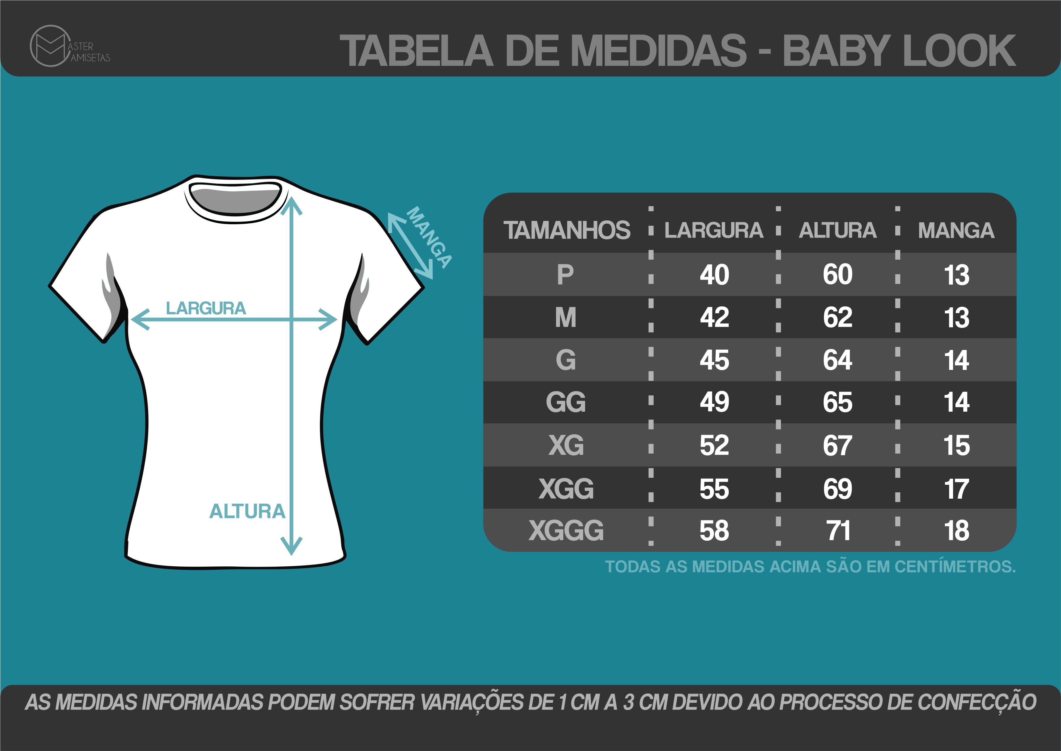 Tabela de medidas — Baby look Branco, 100% Algodão, Fio 30.1 Penteado