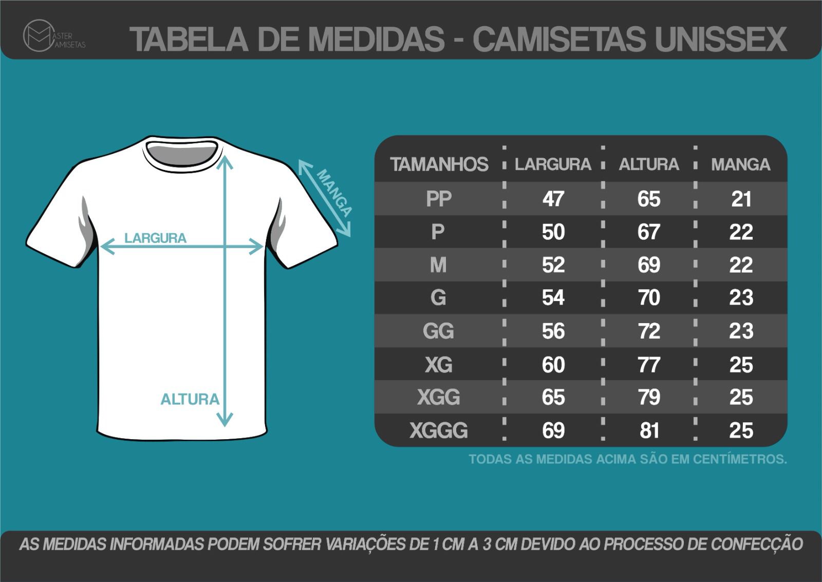 Tabela de medidas — Camiseta Preta, 100% Poliéster